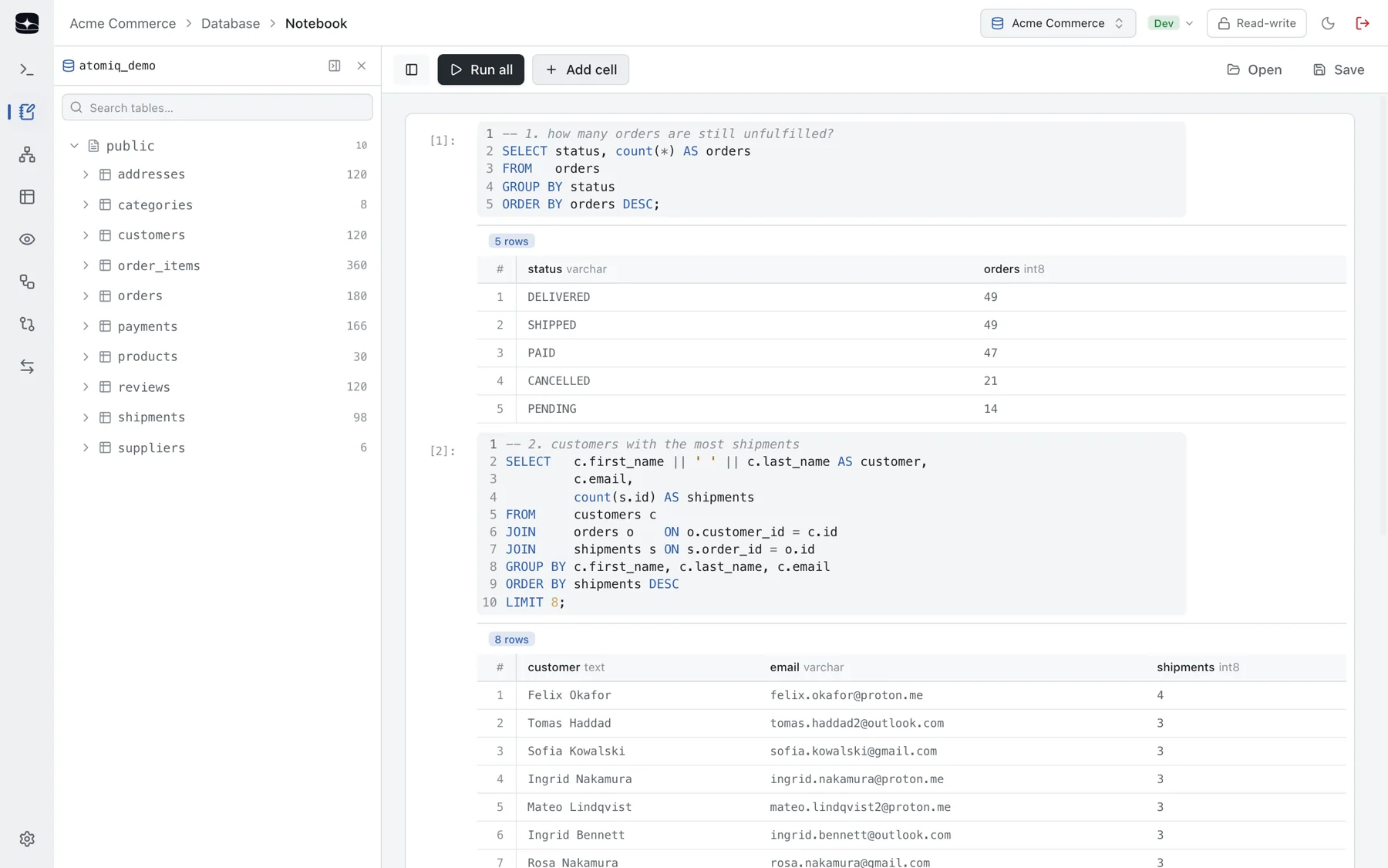 The AtomIQ Notebook: three independently runnable SQL cells, each with its own result grid underneath, beside the database explorer.